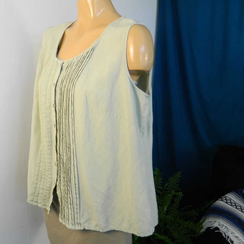 Preswick & Moore Pintuck Tank Top Women 1X Sage Green Linen Blend Sleeveless Vtg